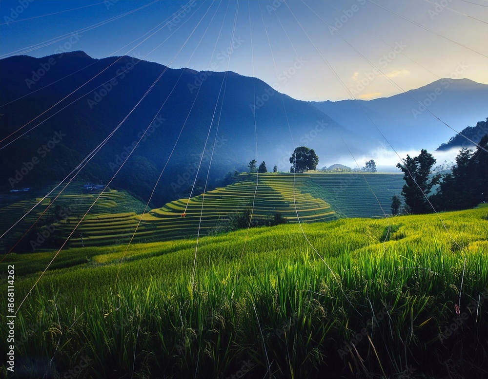 Fototapeta premium Natural views that show the beauty of the countryside with views of rice fields and mountains 