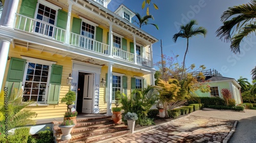 historic inn with sage green Bahama shutters, in a picturesque village
