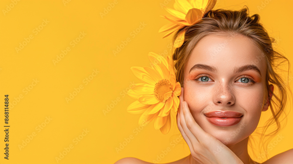 Fototapeta premium Radiant woman with flawless skin showcasing skincare and cosmetics products on copy space