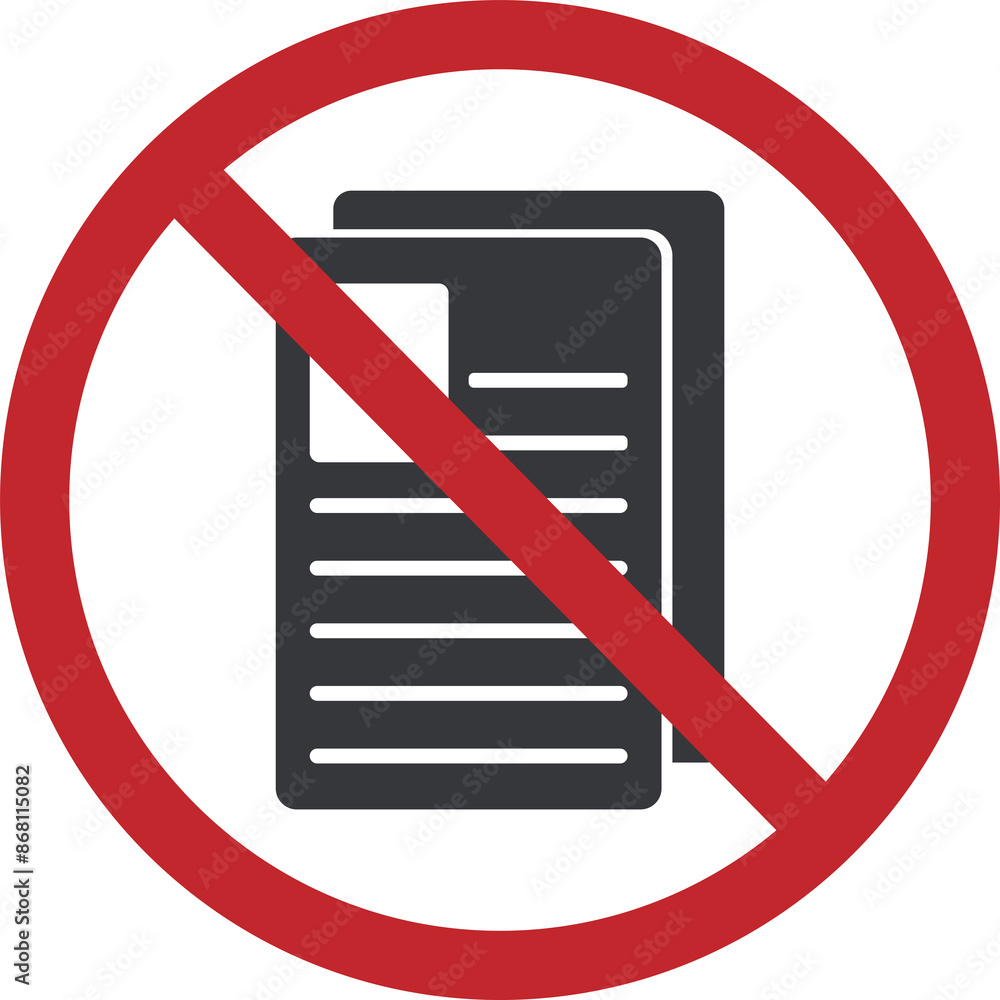 Isolated prohibition sign to copy document, paper, file safety sign and no paper trash bin, paperless symbol Isolated prohibition sign to copy document, paper, file safety sign and no paper trash bin, paperless symbol