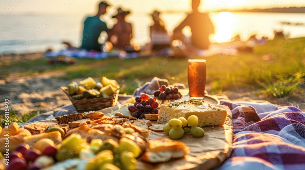Joyful Beach Picnic Gathering with Friends, Ocean View on a Sunny Summer Day Joyful Beach Picnic Gathering with Friends, Ocean View on a Sunny Summer Day
