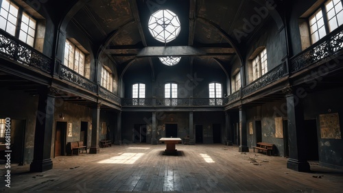 Abandoned Church Interior with Wooden Floor.