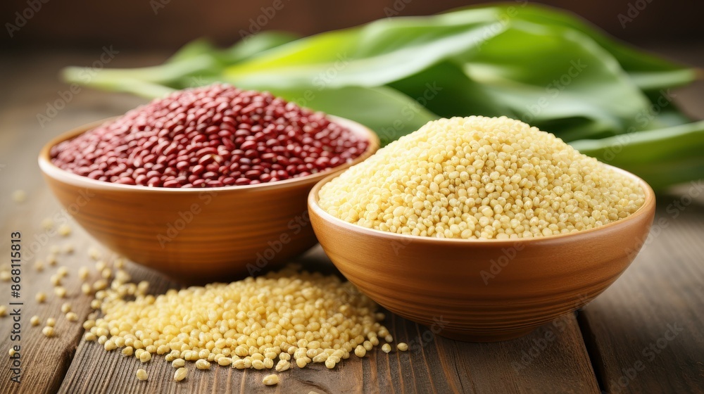 A rustic wooden table background with a small glass bowl filled with quinoa, barley, and millet. A rustic wooden table background with a small glass bowl filled with quinoa, barley, and millet.