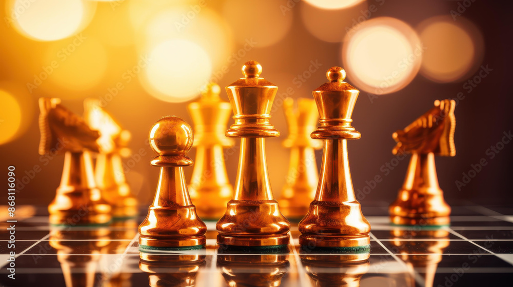 Elegant gold chess pieces on display with bokeh background, embodying luxury and strategy in captivating composition. Elegant gold chess pieces on display with bokeh background, embodying luxury and strategy in captivating composition.