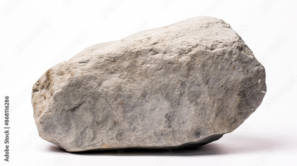 Obraz premium Detailed closeup of a single gray rock against a white backdrop, showcasing its rough, textured surface.