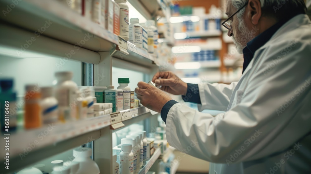 Professional Pharmacist Preparing Medication in Brightly Lit Pharmacy Setting Professional Pharmacist Preparing Medication in Brightly Lit Pharmacy Setting