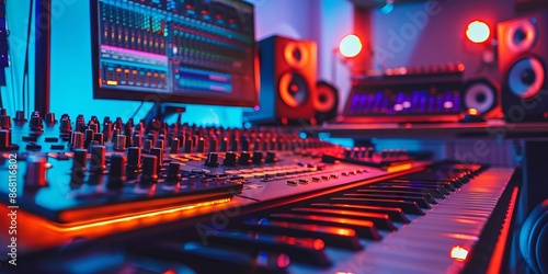 Electronic Music Studio with Synthesizers, Mixers, and Monitors in Neon Lights