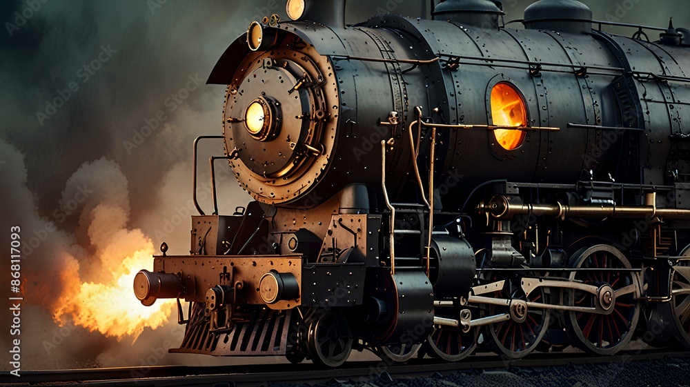 Fototapeta premium Retro locomotive fantastic design train in steampunk style, high speed with fire under wheels.