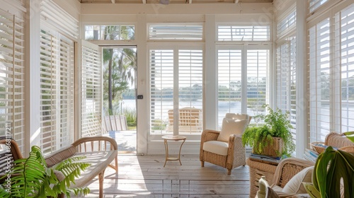 lakeshore tea room with vintage white Bahama shutters, offering a view of the peaceful lake