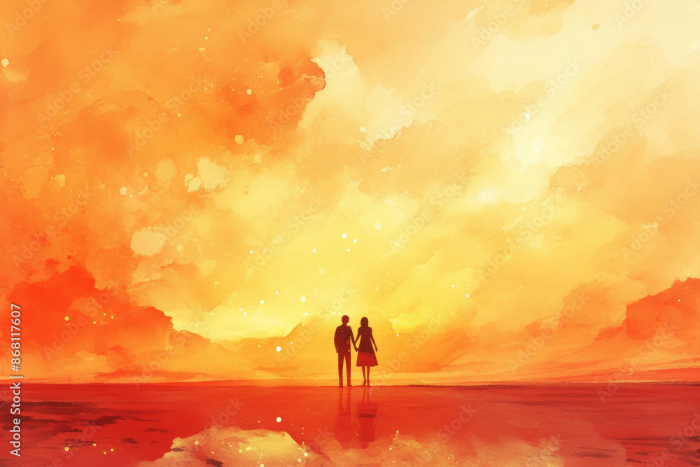 Fototapeta premium Silhouetted Couple Holding Hands at Sunset on Vibrant Orange Sky