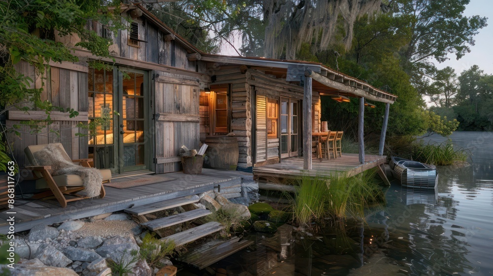 lakeside cabin with rustic cedar Bahama shutters, providing a serene getaway lakeside cabin with rustic cedar Bahama shutters, providing a serene getaway