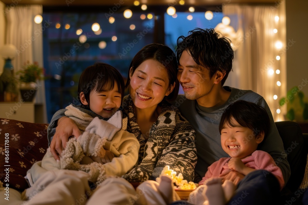 Japanese family enjoying a movie night in their new home, cozy and engaging, popcorn and blankets Japanese family enjoying a movie night in their new home, cozy and engaging, popcorn and blankets