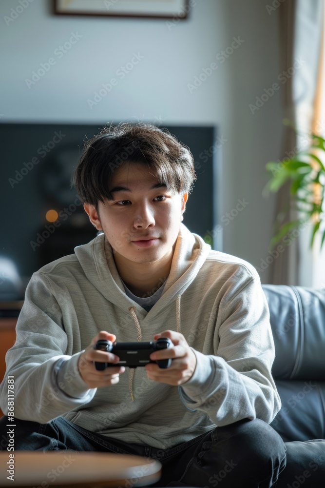 Portrait of a Japanese student setting up a gaming console in their new living room, tech-savvy and excited, modern decor Portrait of a Japanese student setting up a gaming console in their new living room, tech-savvy and excited, modern decor