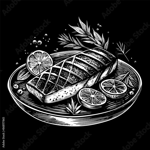 Detailed Black and White Drawing of Fish Dish with Lemon and Herbs on Plate.