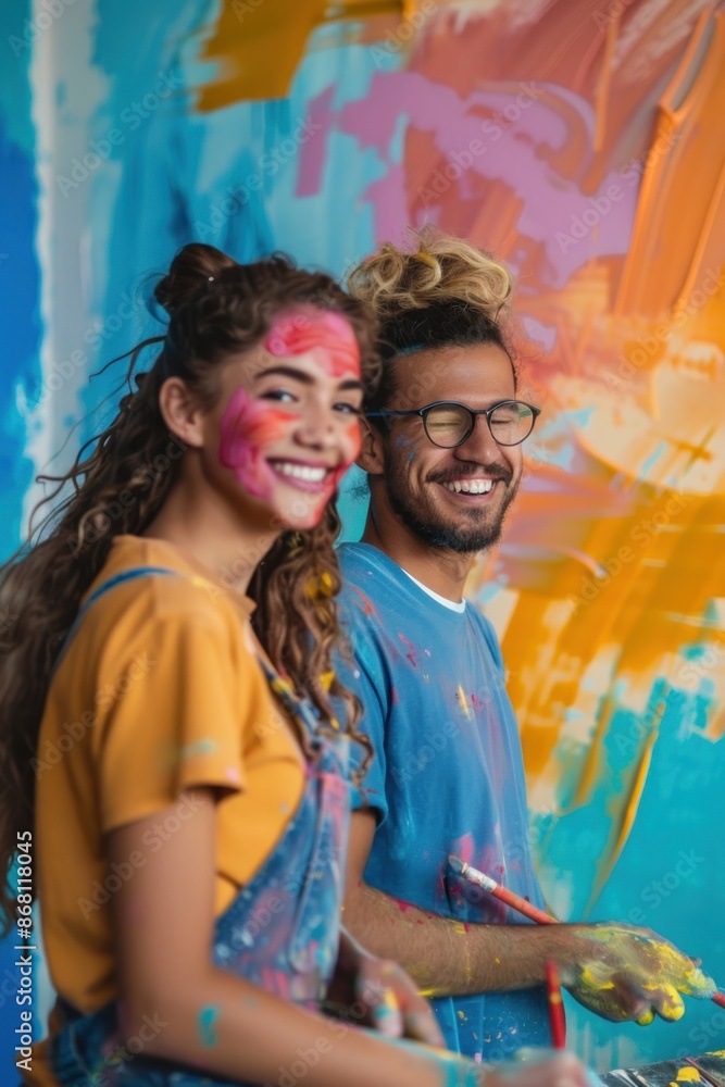 Fototapeta premium Portrait of an American couple painting walls in their new home, cheerful and colorful atmosphere, teamwork and creativity