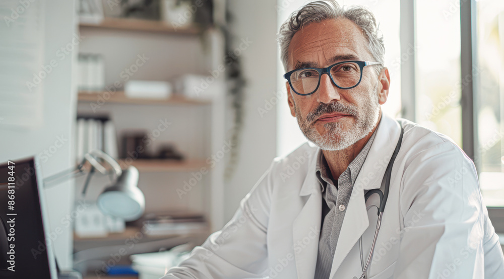 Smiling Middle-Aged Doctor in White Coat at Modern Clinic with Medical Equipment Smiling Middle-Aged Doctor in White Coat at Modern Clinic with Medical Equipment