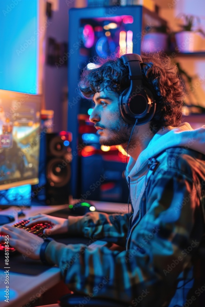 Portrait of an American student setting up a gaming area in their new apartment, modern and tech-savvy, focused and excited Portrait of an American student setting up a gaming area in their new apartment, modern and tech-savvy, focused and excited