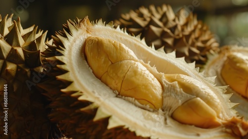A close-up of a durian fruit cut open, showing the flesh