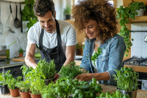 Wallpaper Mural European couple planting herbs in their new kitchen, fresh and vibrant, teamwork and care Torontodigital.ca