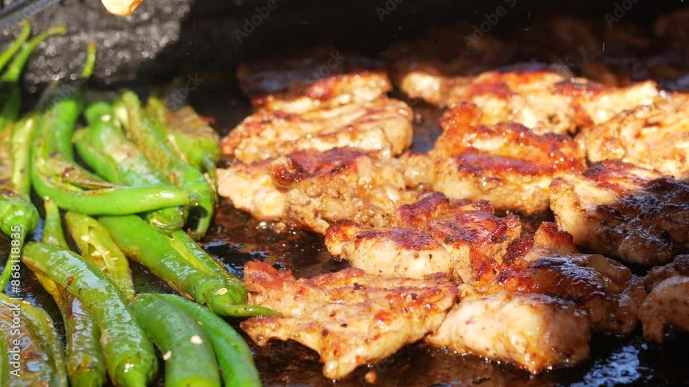 Beef and chicken steaks on the grill with flames. Beef and chicken steaks on the grill with flames.