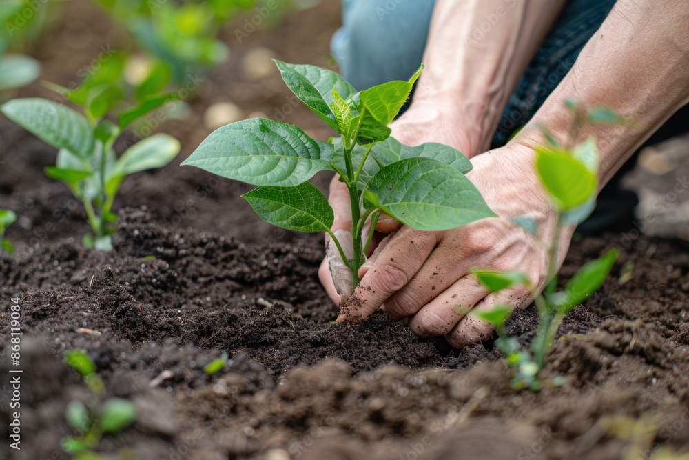 Close-up of Japanese hands planting a small tree in the garden, focus on soil and greenery, bright and environmental Close-up of Japanese hands planting a small tree in the garden, focus on soil and greenery, bright and environmental