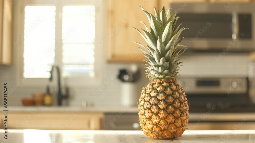 A pineapple with its crown, standing upright on a kitchen counter A pineapple with its crown, standing upright on a kitchen counter