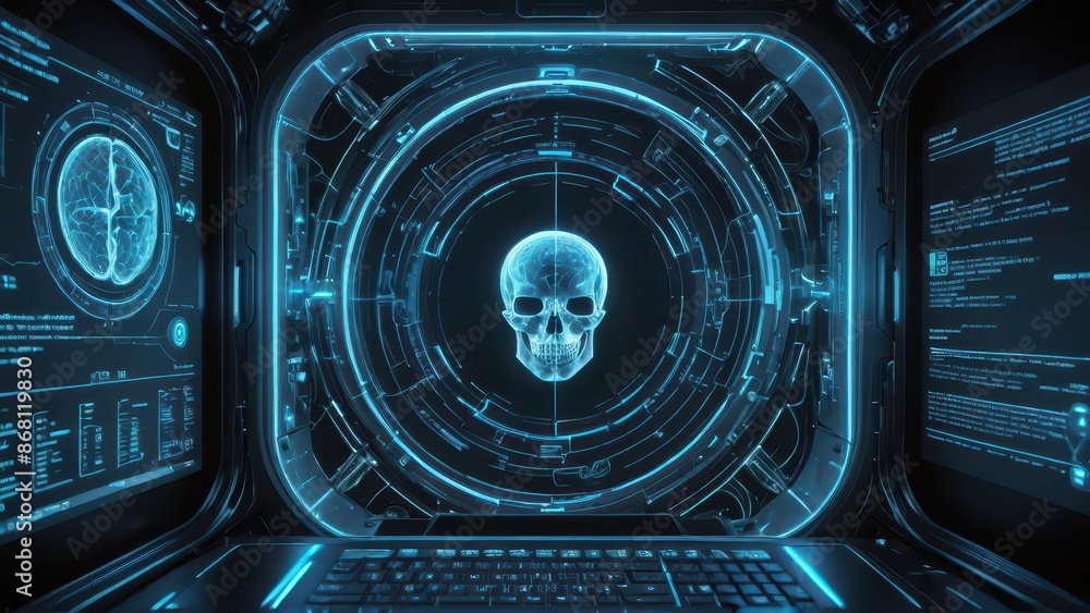Futuristic Interface with Skull and Brain Scans. Futuristic Interface with Skull and Brain Scans.