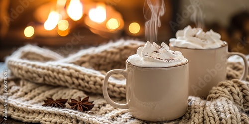 Cozy Winter Scene with Hot Cocoa & Warm Knitted Blanket by the Fireplace photo