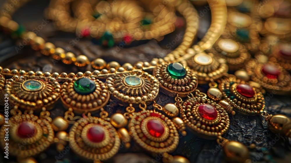 Close-up of a gold necklace with gemstones Close-up of a gold necklace with gemstones
