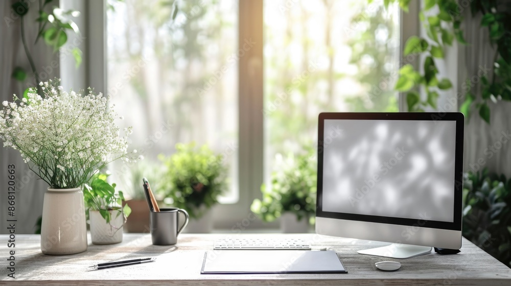 Sunlit Home Office with Monitor and Flowers Sunlit Home Office with Monitor and Flowers