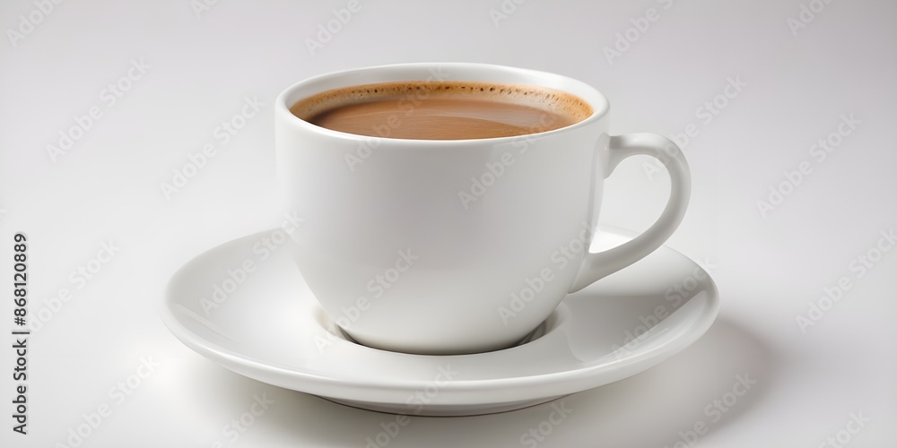 A white ceramic cup filled with a hot beverage , on a white saucer against a plain background A white ceramic cup filled with a hot beverage , on a white saucer against a plain background
