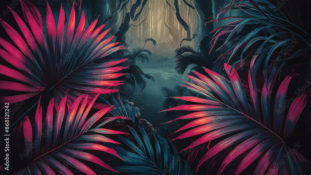 Top view of vibrant neon tropical leaves in hues of pink, blue, and orange, with a dark sky background and a prominent copy space area in the center for text or logos. Top view of vibrant neon tropical leaves in hues of pink, blue, and orange, with a dark sky background and a prominent copy space area in the center for text or logos.