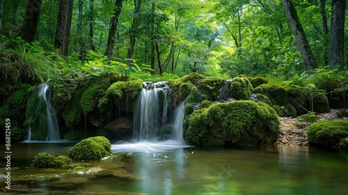 A tranquil forest scene with a small waterfall and moss-covered rocks