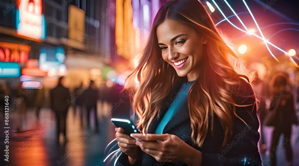 Connected Nights: Smiling Woman on Smartphone with Digital Network Connected Nights: Smiling Woman on Smartphone with Digital Network