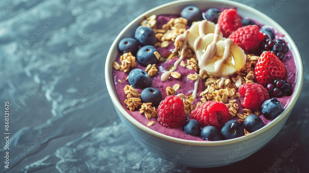 A vibrant acai bowl with a blend of fresh berries, granola, and a drizzle of honey A vibrant acai bowl with a blend of fresh berries, granola, and a drizzle of honey
