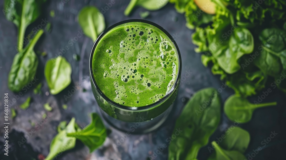 A vibrant green juice with a blend of kale, spinach, and apple in a clear glass A vibrant green juice with a blend of kale, spinach, and apple in a clear glass
