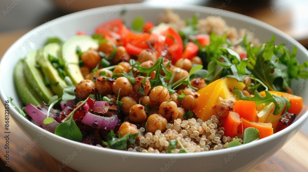 A vibrant quinoa salad with roasted vegetables, chickpeas, and avocado A vibrant quinoa salad with roasted vegetables, chickpeas, and avocado