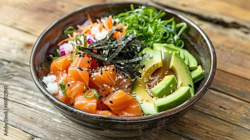 A vibrant poke bowl with salmon, avocado, seaweed, and rice on a wooden table