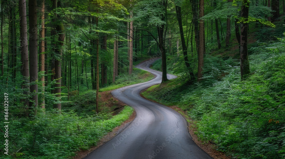 Obraz premium A winding road cutting through a dense forest with tall trees on both sides