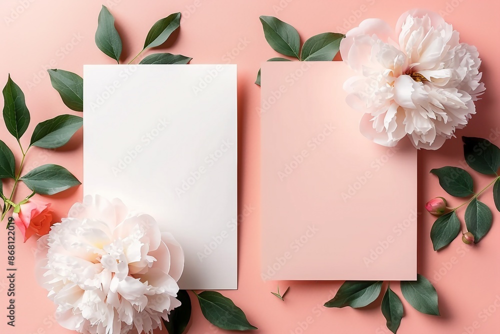 Greeting or invitation blank card, peony flowers and eucalyptus leaves on pink pastel background, copy space. Stylish creative mock up, romantic wedding or holiday celebration concept. Greeting or invitation blank card, peony flowers and eucalyptus leaves on pink pastel background, copy space. Stylish creative mock up, romantic wedding or holiday celebration concept.