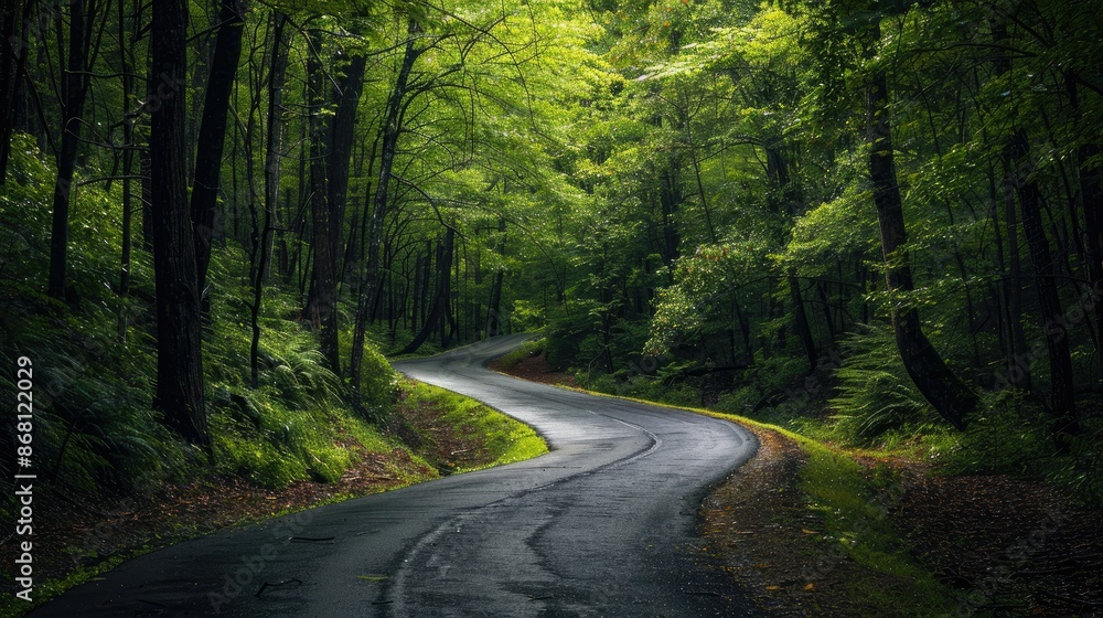 Fototapeta premium A winding road through a dense forest, highlighting the concept of a journey or adventure