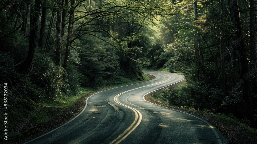 Fototapeta premium A winding road through a dense forest, highlighting the concept of a journey or adventure