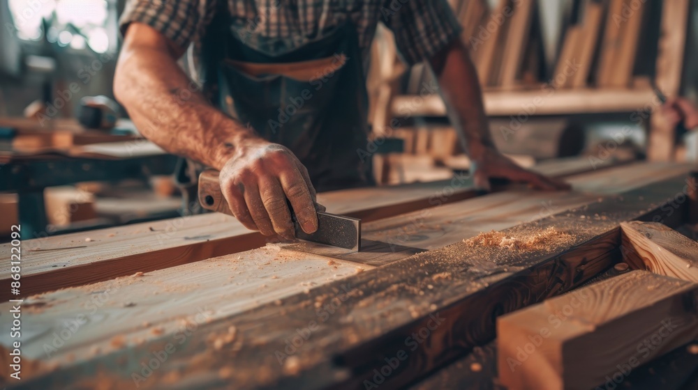 Celebrating Labor Day: Carpenter Crafting Wood in Workshop with Precision Measurements and Cuts Celebrating Labor Day: Carpenter Crafting Wood in Workshop with Precision Measurements and Cuts
