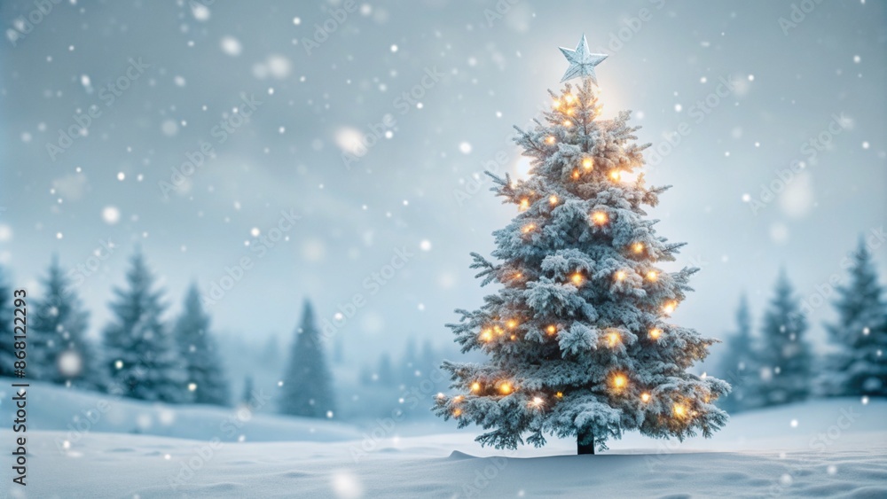 Obraz premium lighted isolated christmas tree in idyllic white snowy landscape, greeting card banner concept with copy space for december holiday season, christmas background