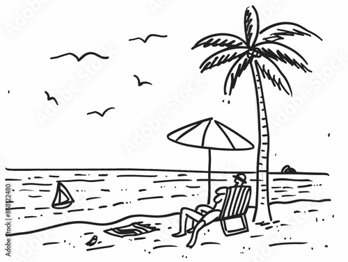 Single-Line Retirement Haven: A Serene Beach Scene Symbolizing Financial Freedom and Leisurely Coastal Living