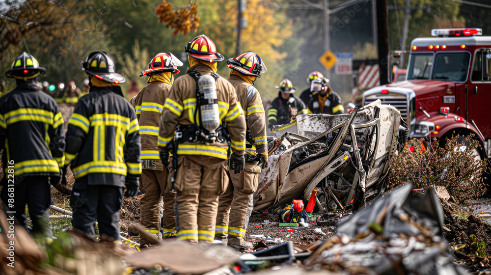 Intense Coordination Firefighters and Rescue Workers Uniting Efforts at Crash Site Intense Coordination Firefighters and Rescue Workers Uniting Efforts at Crash Site