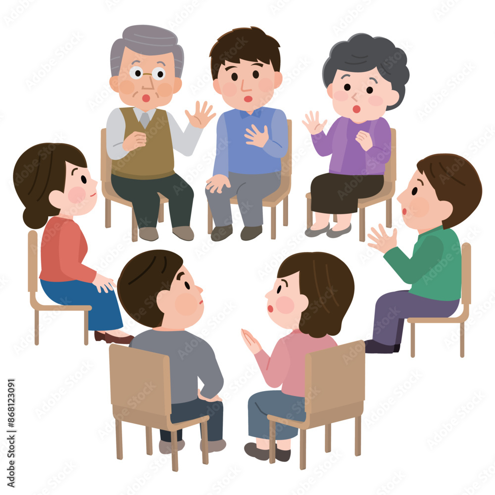 輪になって話し合う複数の人々 自助グループ 会議 イラスト 輪になって話し合う複数の人々 自助グループ 会議 イラスト