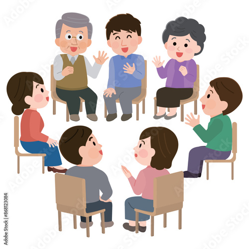 輪になって話し合う複数の人々　笑顔　自助グループ　会議　イラスト