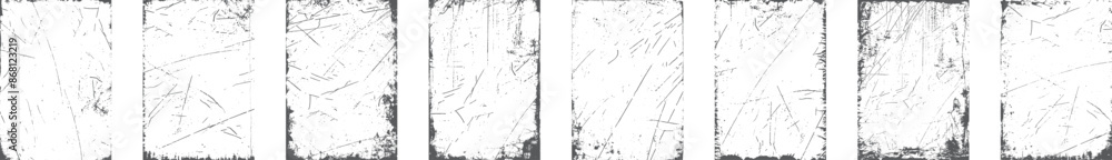 Obraz premium Black grunge texture border frame over white. Overlay of paper texture with scratches retro vinyl album cover. Dirt sketch and dust photo texture graphic filter set. 
