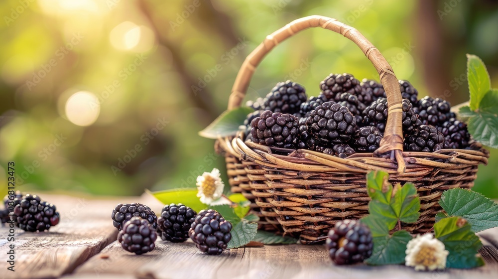 Freshly picked blackberries in a basket on a wooden table Freshly picked blackberries in a basket on a wooden table